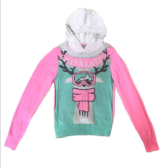 Juniors Holiday Sweater Reindeer Skiing Hooded Pullover Sweater - Picture 1 of 6